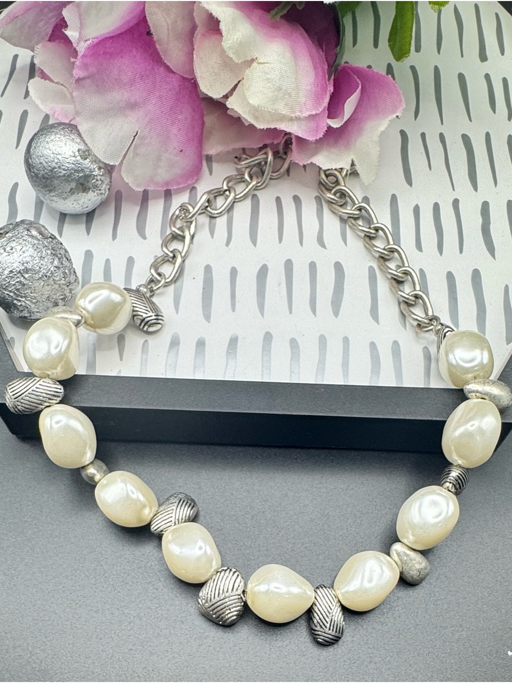 Juicy Couture Cream Pearl and Silver-Tone Chain Necklace- Vintage